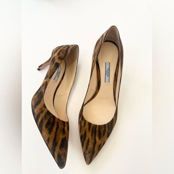 Prada Black Brown leather Calf Hair Leopard Print pointed toe pumps EU 39.5 - Picture 2 of 10